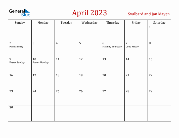 Svalbard and Jan Mayen April 2023 Calendar - Sunday Start