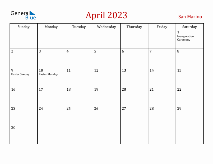 San Marino April 2023 Calendar - Sunday Start