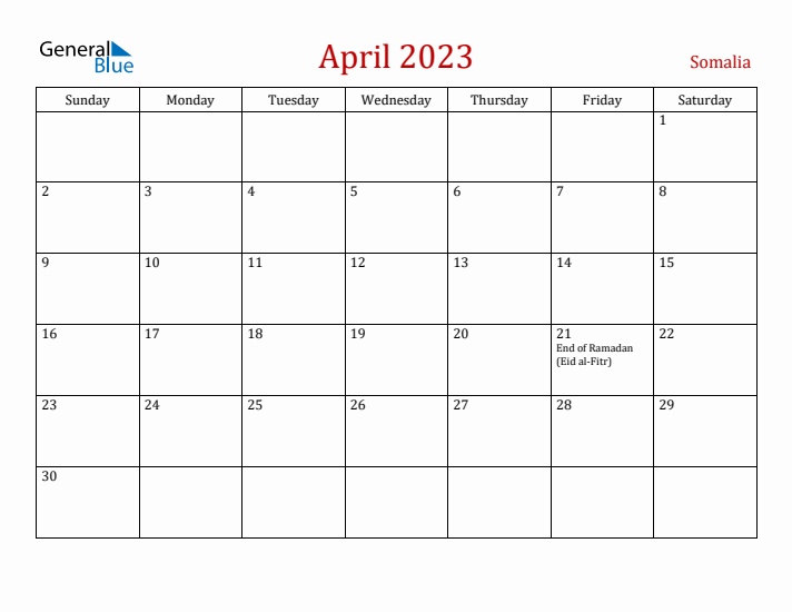 Somalia April 2023 Calendar - Sunday Start