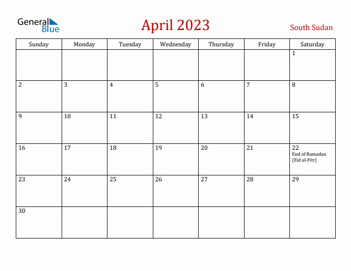 South Sudan April 2023 Calendar - Sunday Start