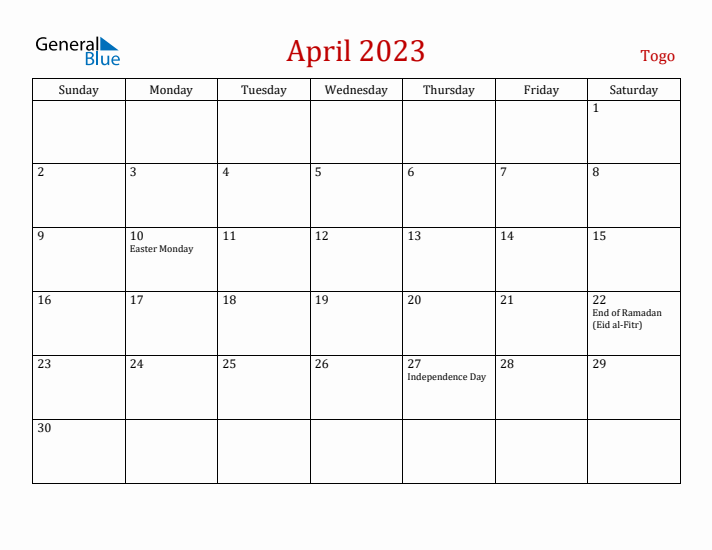 Togo April 2023 Calendar - Sunday Start