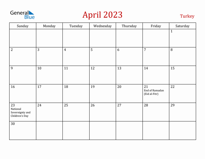 Turkey April 2023 Calendar - Sunday Start