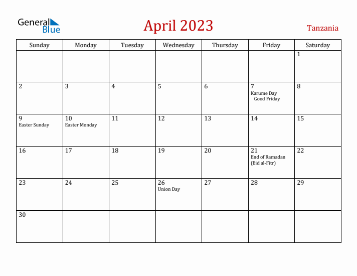Tanzania April 2023 Calendar - Sunday Start