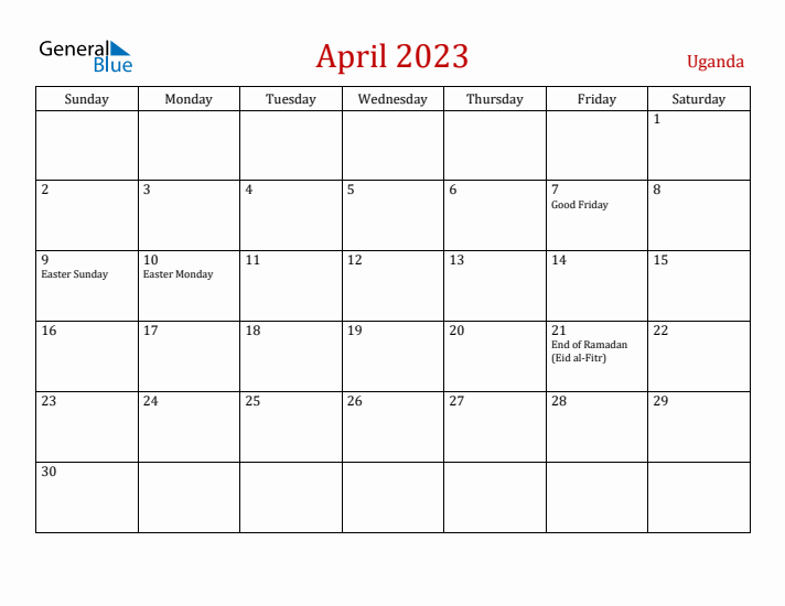 Uganda April 2023 Calendar - Sunday Start