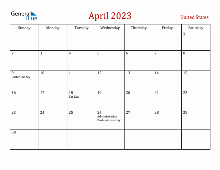 United States April 2023 Calendar - Sunday Start