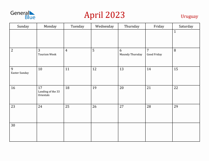 Uruguay April 2023 Calendar - Sunday Start