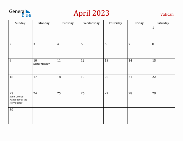 Vatican April 2023 Calendar - Sunday Start