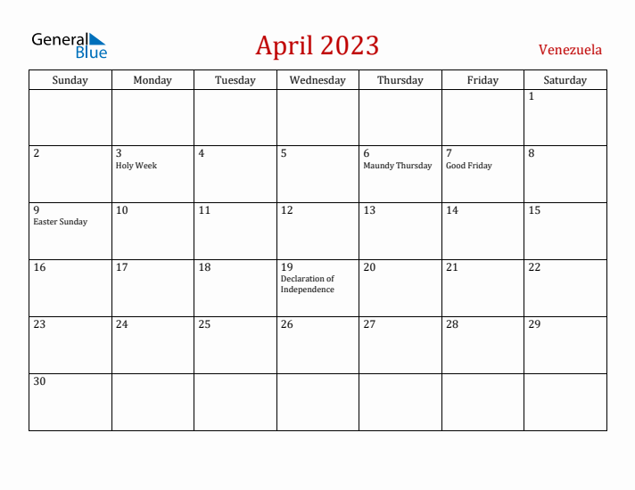 Venezuela April 2023 Calendar - Sunday Start