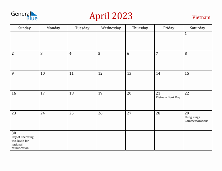 Vietnam April 2023 Calendar - Sunday Start