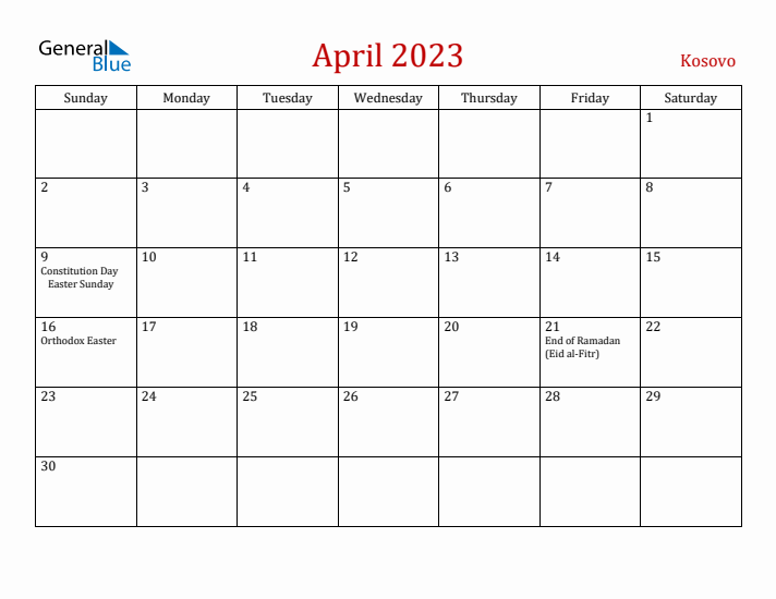 Kosovo April 2023 Calendar - Sunday Start