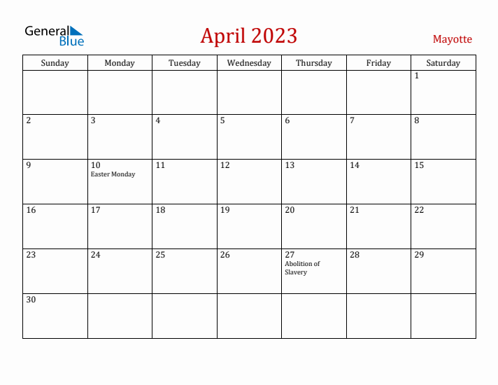 Mayotte April 2023 Calendar - Sunday Start