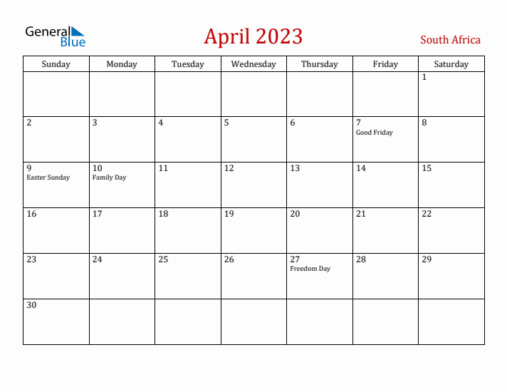 South Africa April 2023 Calendar - Sunday Start