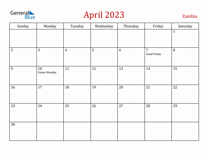Zambia April 2023 Calendar - Sunday Start