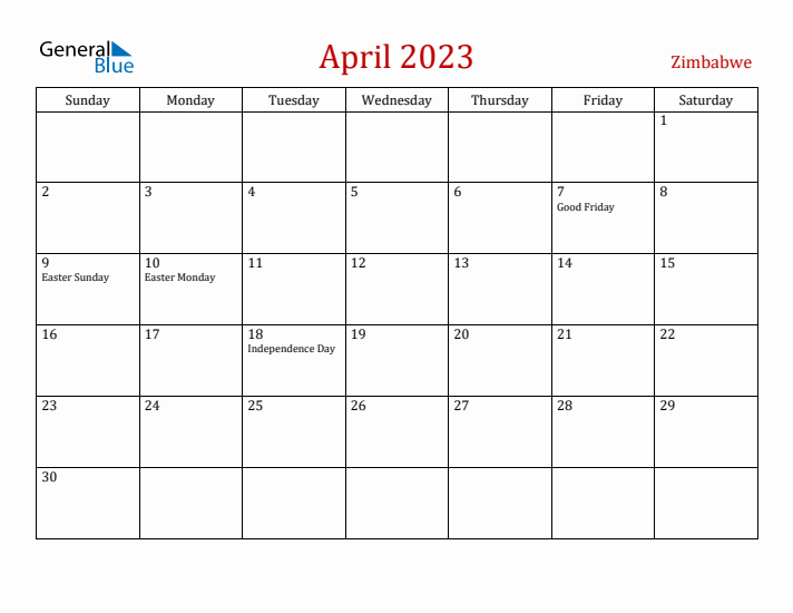 Zimbabwe April 2023 Calendar - Sunday Start