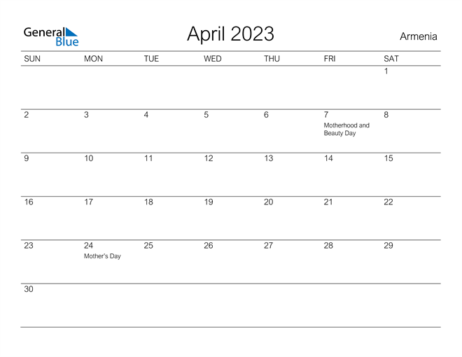 Printable April 2023 Calendar for Armenia
