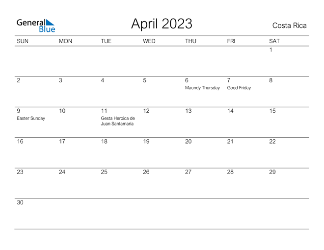 Printable April 2023 Calendar for Costa Rica