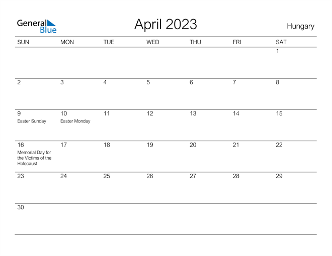 Printable April 2023 Calendar for Hungary
