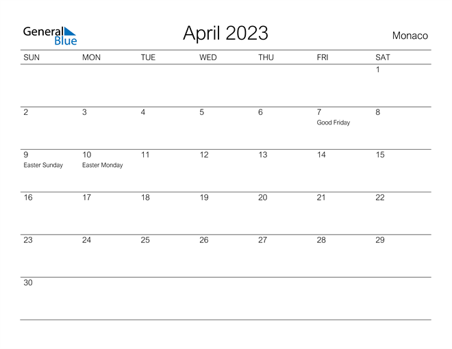 Printable April 2023 Calendar for Monaco