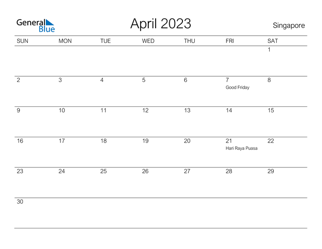 April 2023 Calendar with Singapore Holidays