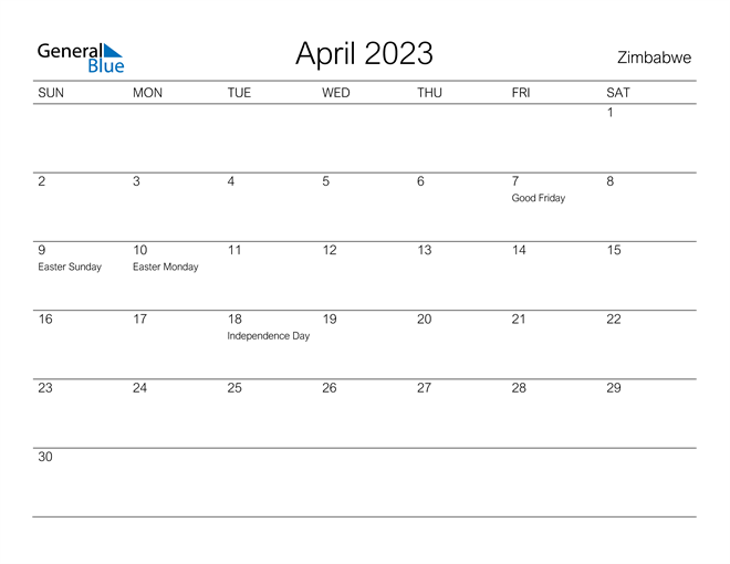 April 2023 Calendar with Zimbabwe Holidays