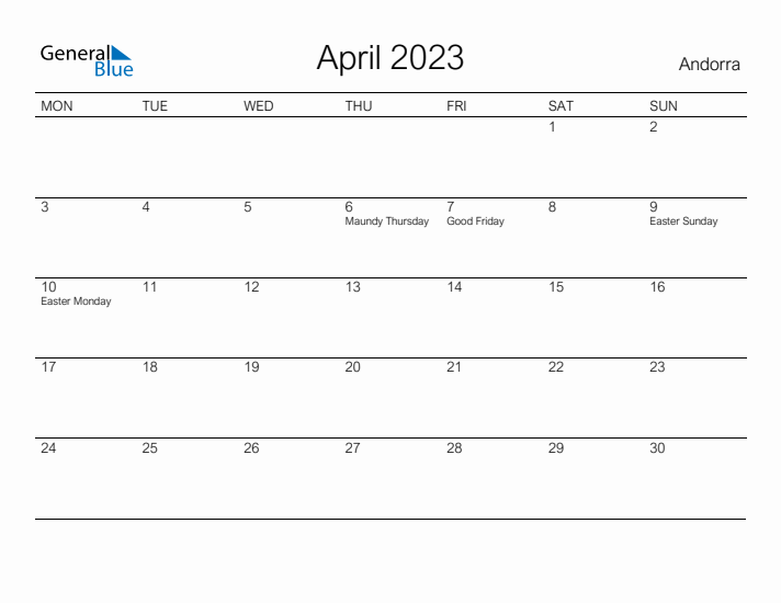 Printable April 2023 Calendar for Andorra
