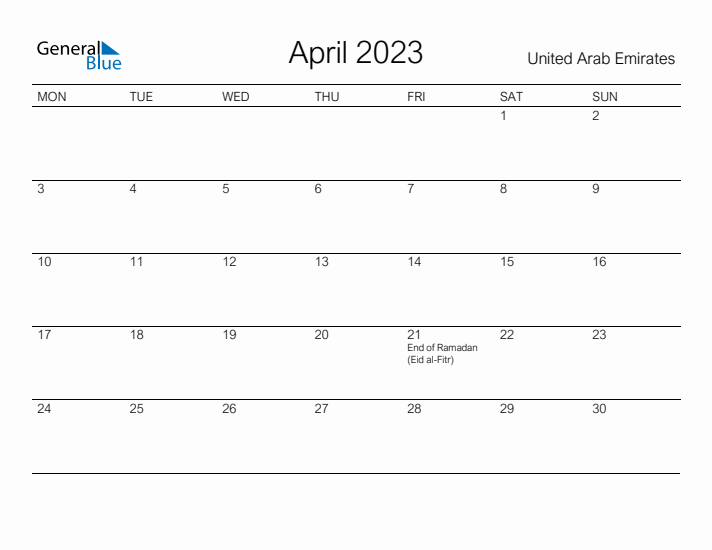 Printable April 2023 Calendar for United Arab Emirates