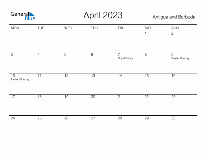 Printable April 2023 Calendar for Antigua and Barbuda