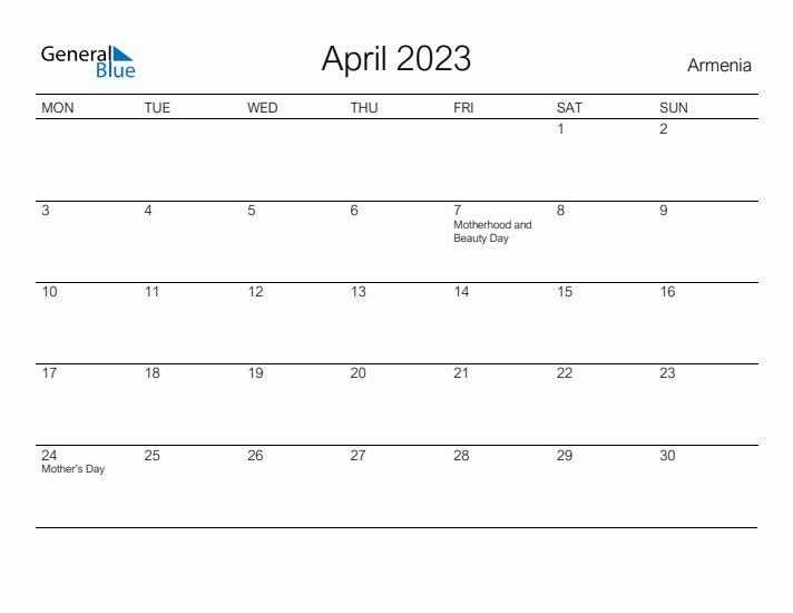 Printable April 2023 Calendar for Armenia