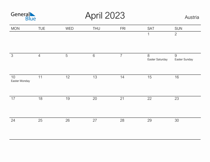 Printable April 2023 Calendar for Austria