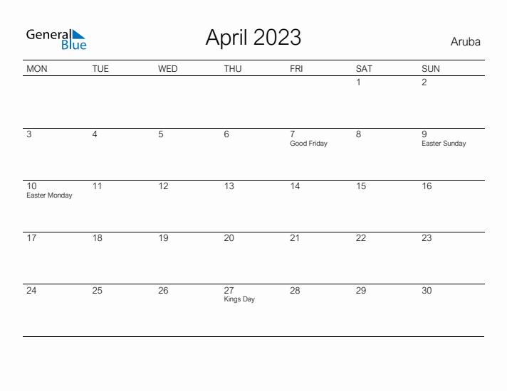 Printable April 2023 Calendar for Aruba
