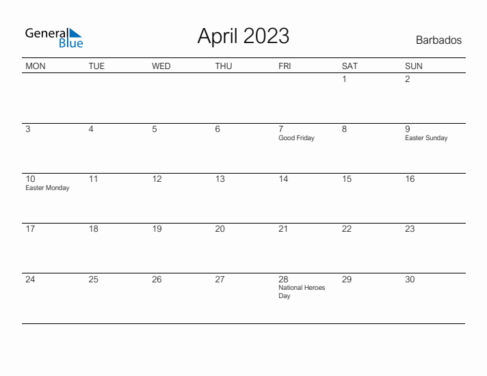 Printable April 2023 Calendar for Barbados