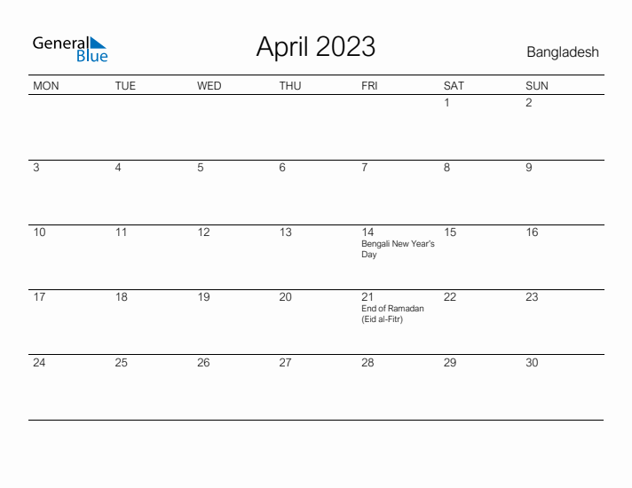 Printable April 2023 Calendar for Bangladesh