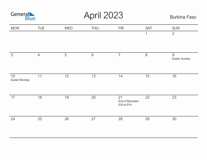 Printable April 2023 Calendar for Burkina Faso