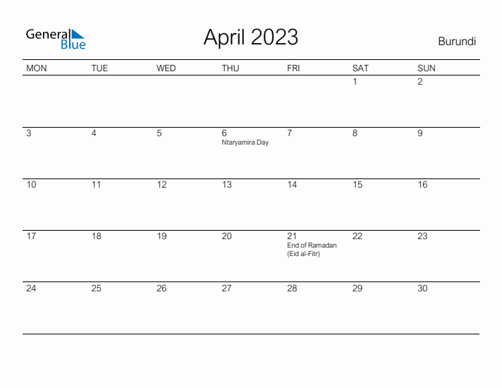Printable April 2023 Calendar for Burundi