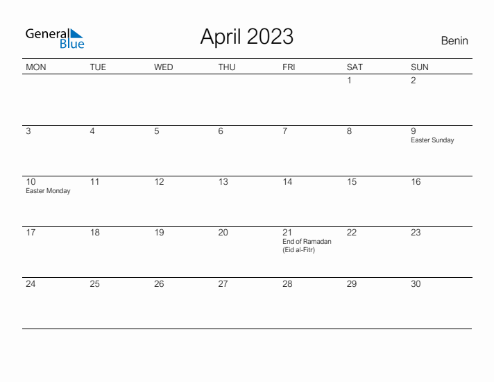 Printable April 2023 Calendar for Benin