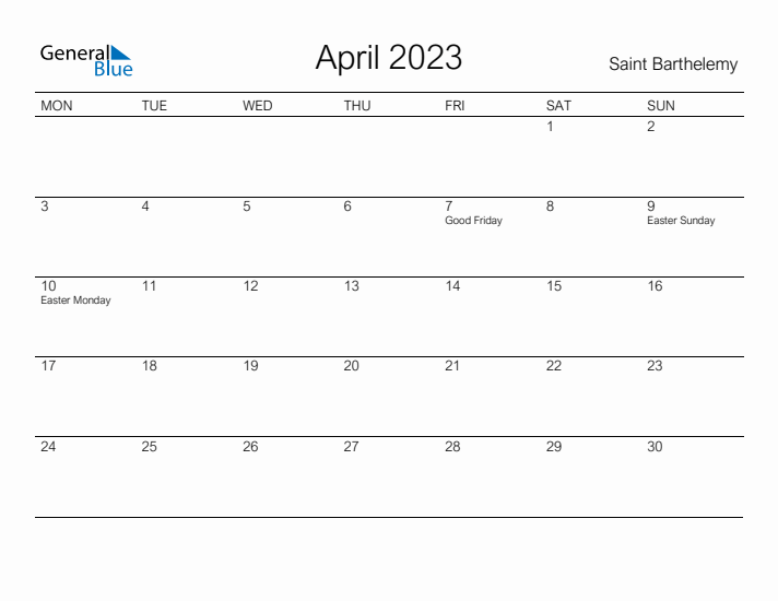Printable April 2023 Calendar for Saint Barthelemy