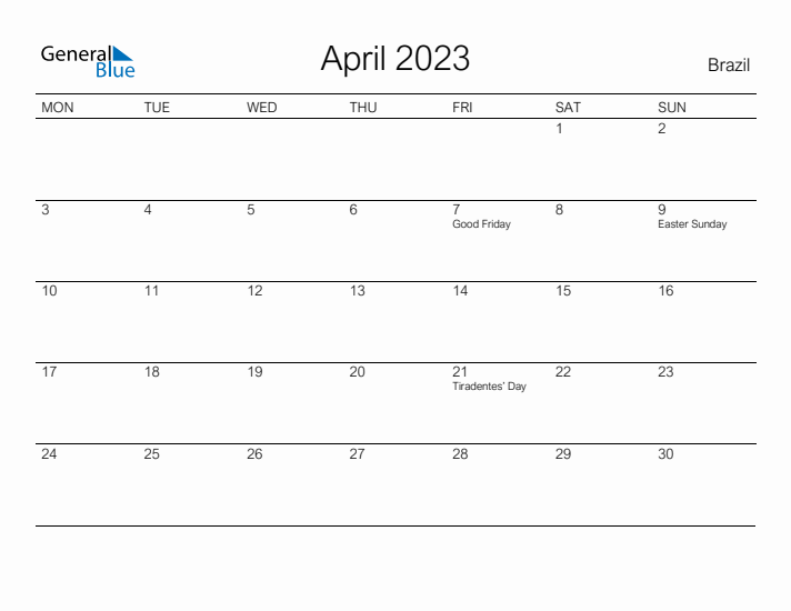 Printable April 2023 Calendar for Brazil