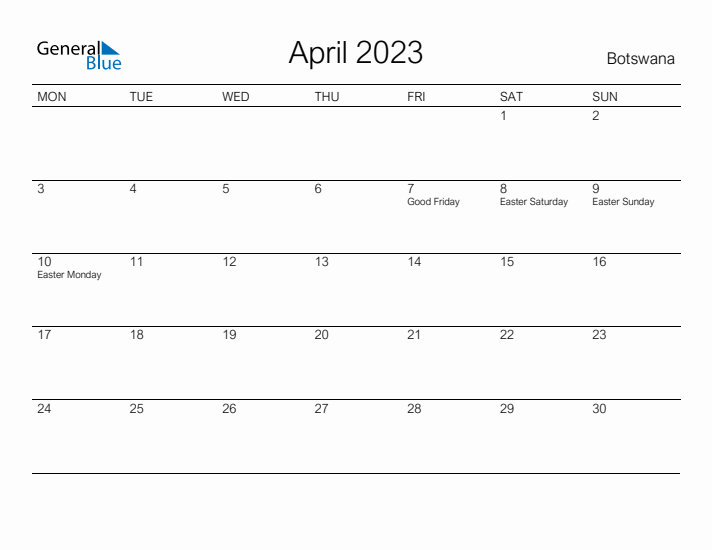 Printable April 2023 Calendar for Botswana
