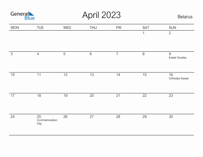 Printable April 2023 Calendar for Belarus
