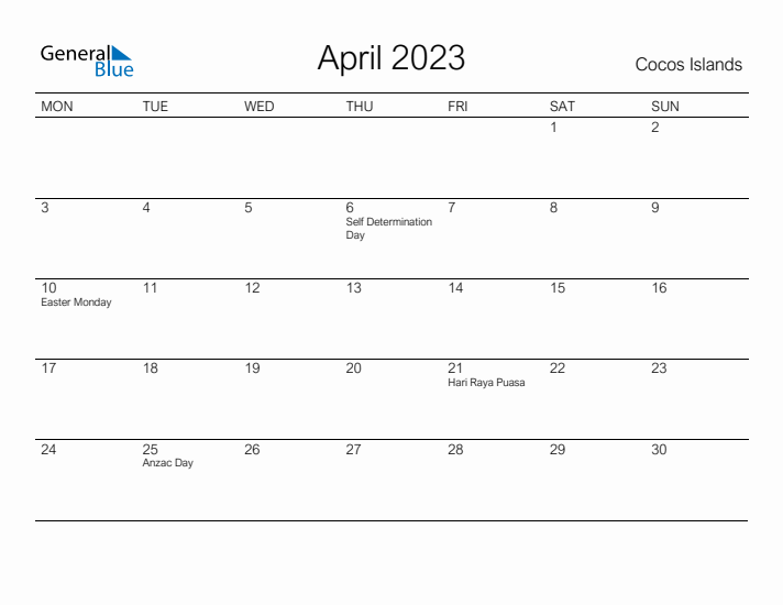 Printable April 2023 Calendar for Cocos Islands