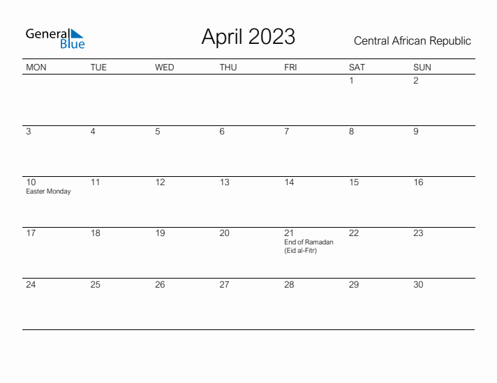Printable April 2023 Calendar for Central African Republic