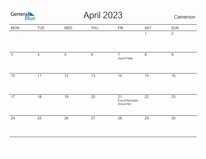 Printable April 2023 Calendar for Cameroon
