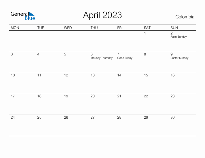 Printable April 2023 Calendar for Colombia
