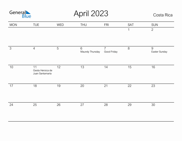 Printable April 2023 Calendar for Costa Rica