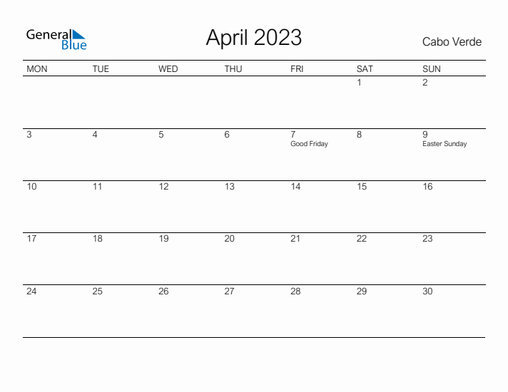 Printable April 2023 Calendar for Cabo Verde
