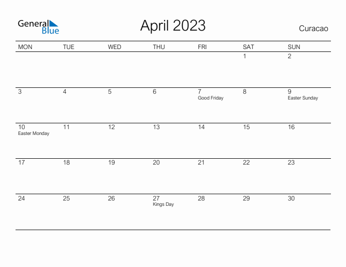 Printable April 2023 Calendar for Curacao