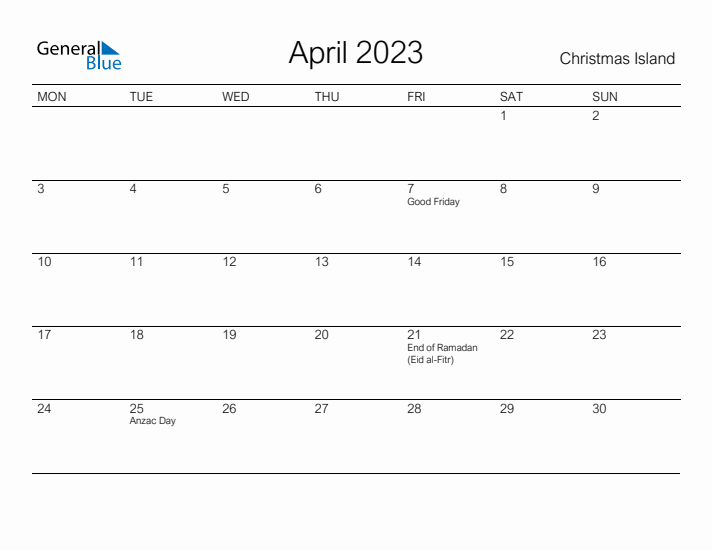 Printable April 2023 Calendar for Christmas Island