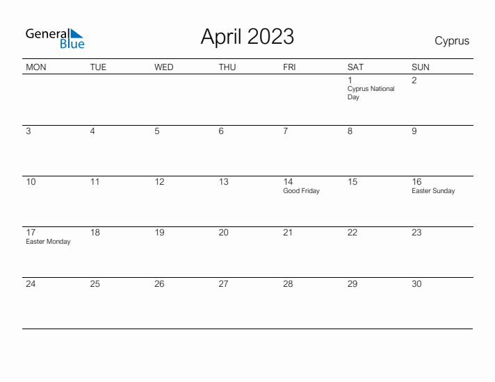 Printable April 2023 Calendar for Cyprus