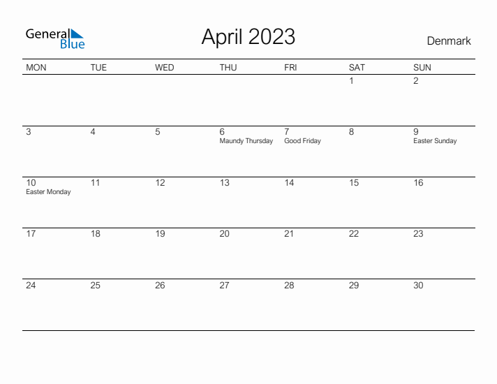 Printable April 2023 Calendar for Denmark