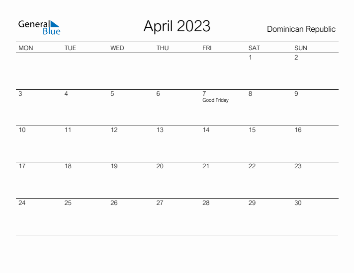 Printable April 2023 Calendar for Dominican Republic